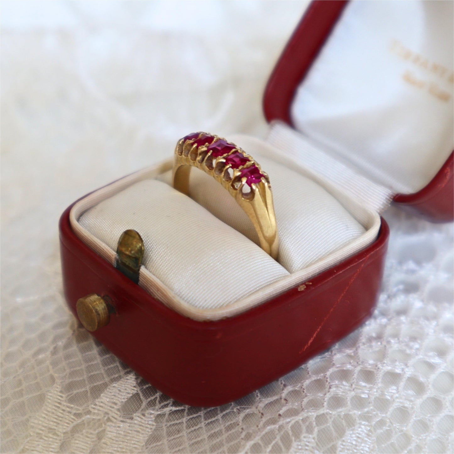 Antique English Ruby 18k Yellow Gold Five Stone Ring