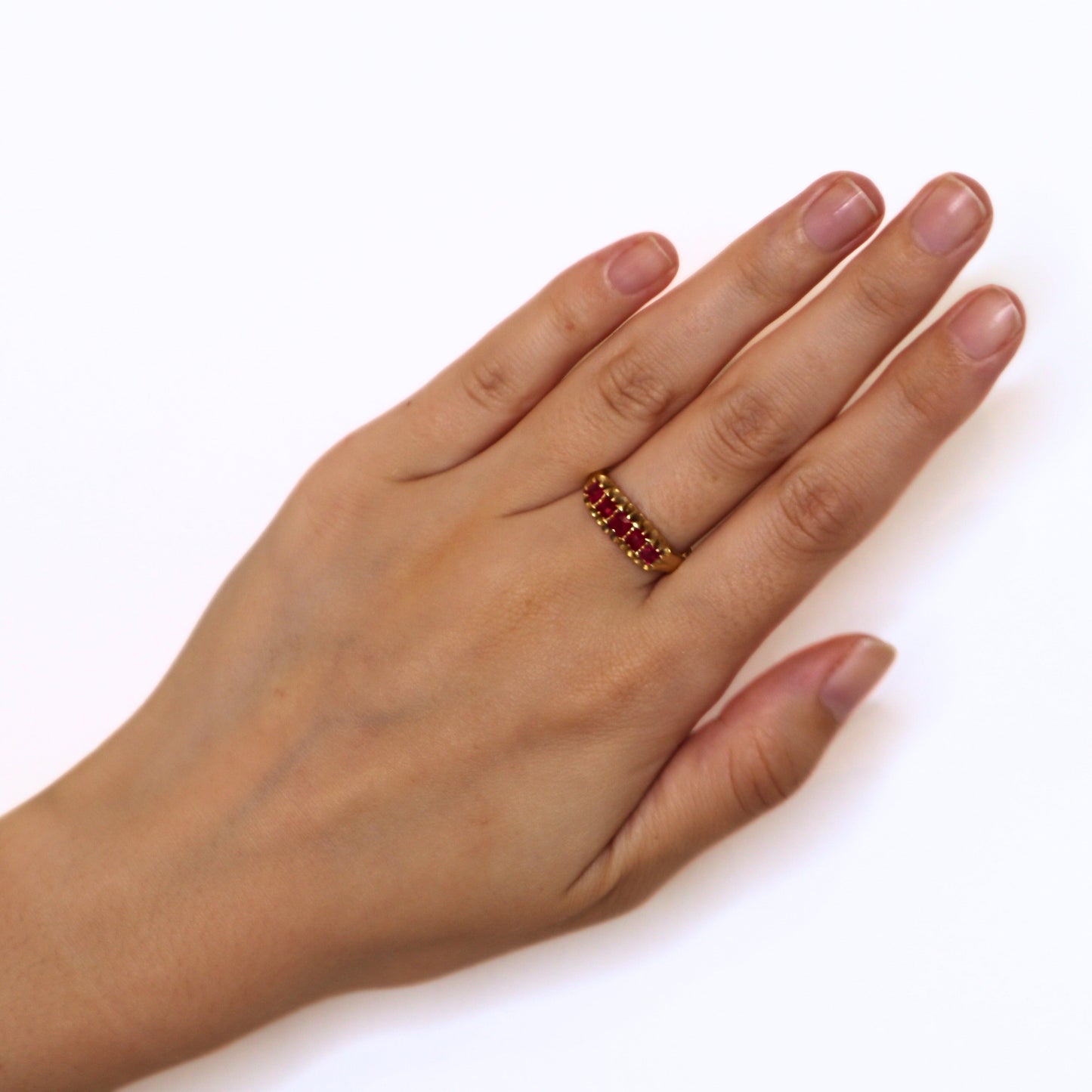 Antique English Ruby 18k Yellow Gold Five Stone Ring