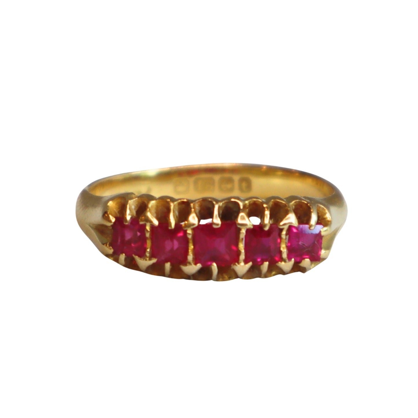 Antique English Ruby 18k Yellow Gold Five Stone Ring