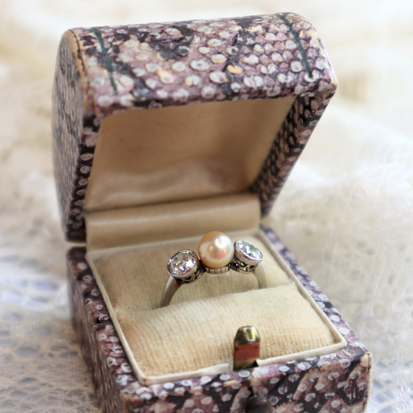 Edwardian Pearl Diamond Platinum Three Stone Ring