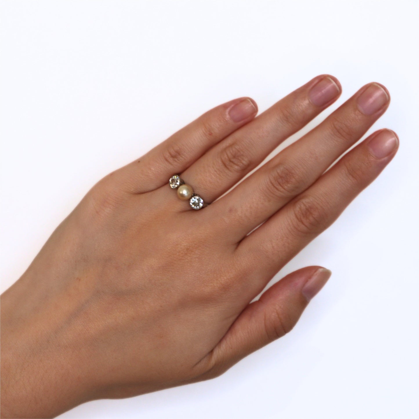 Edwardian Pearl Diamond Platinum Three Stone Ring