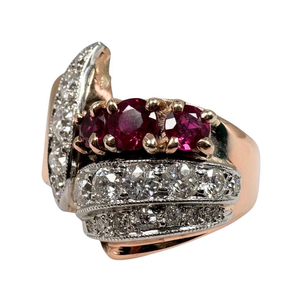 Retro Ruby Diamond 14k Assymetrical Ring