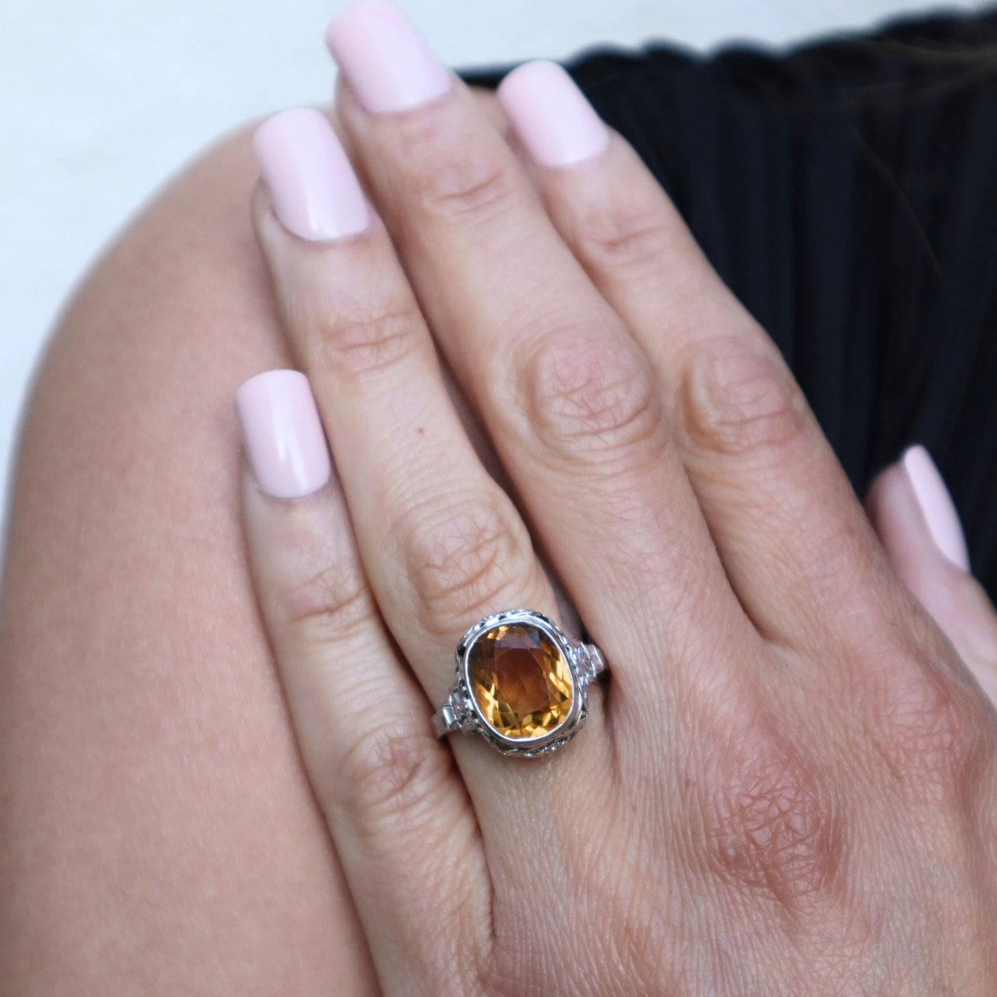 Late Art Deco Untermeyer Robbins & Co. Citrine 14k White Gold Ring