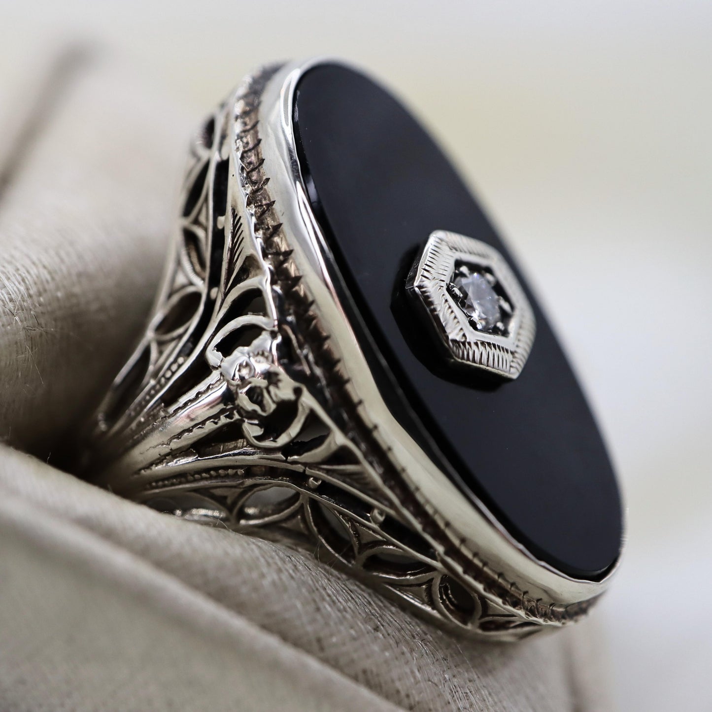 Art Deco Diamond Onyx 14k White Gold Ring