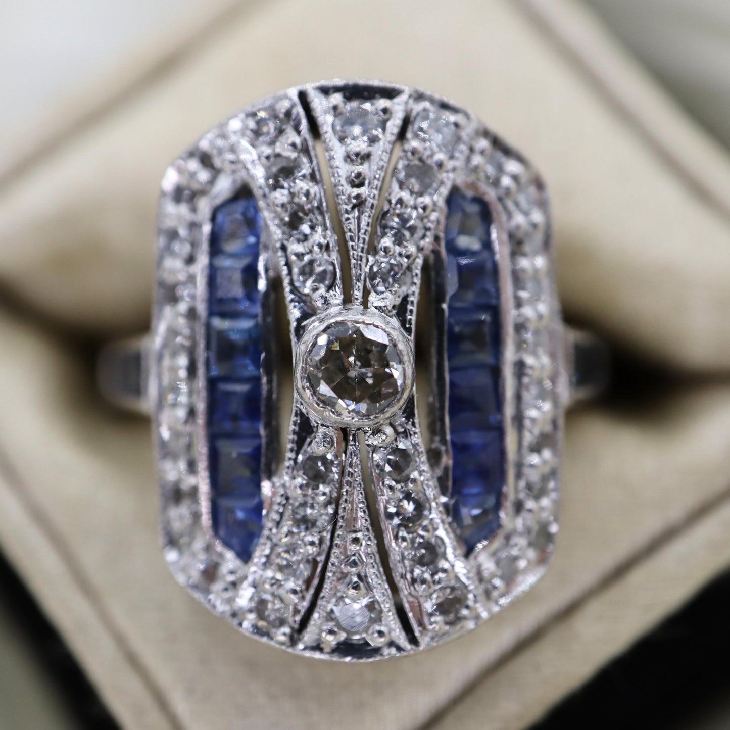 Art Deco Inspired English Sapphire Diamond 18k White Gold Plaque Ring