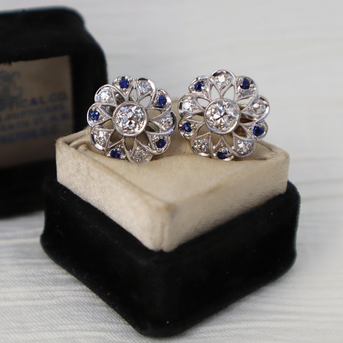 Art Deco Diamond Sapphire Platinum Stud Earrings