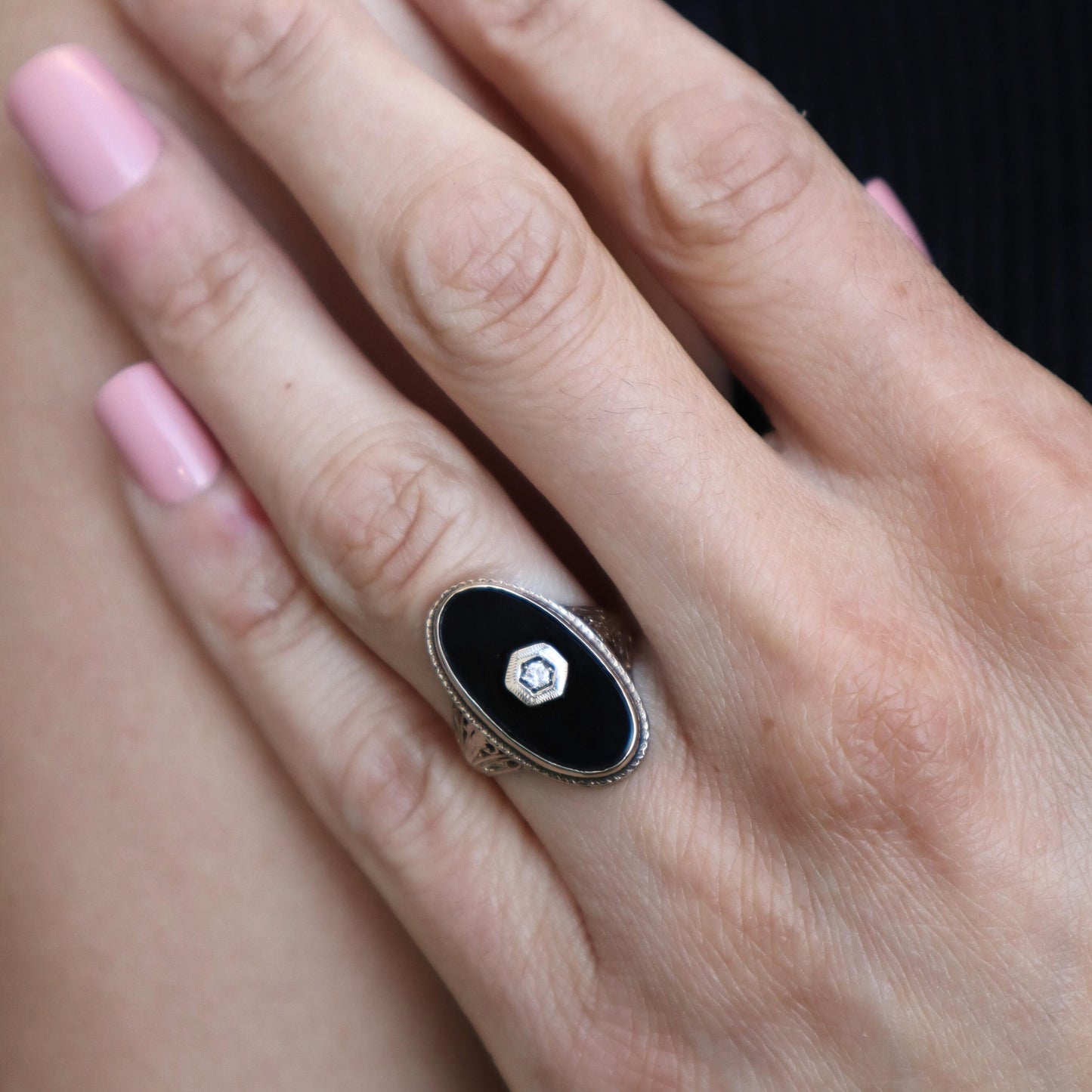 Art Deco Diamond Onyx 14k White Gold Ring
