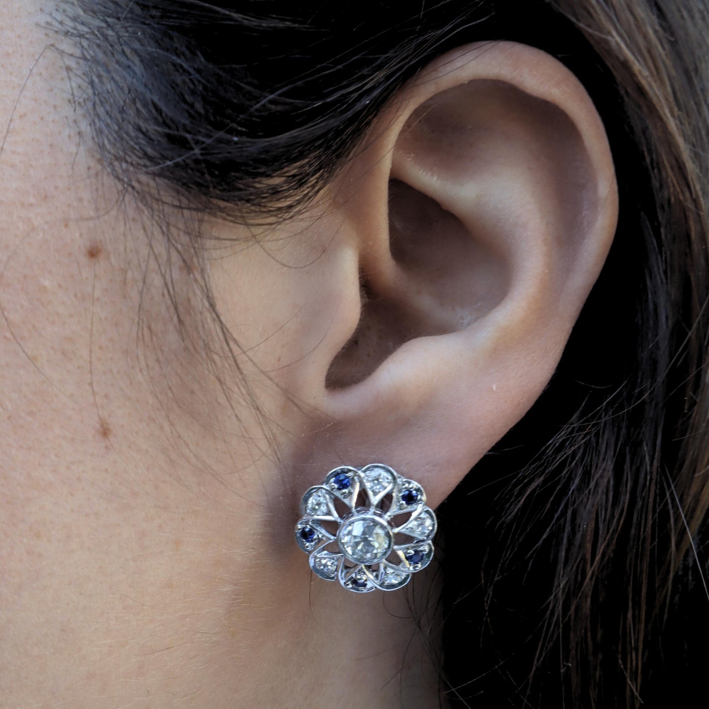 Art Deco Diamond Sapphire Platinum Stud Earrings