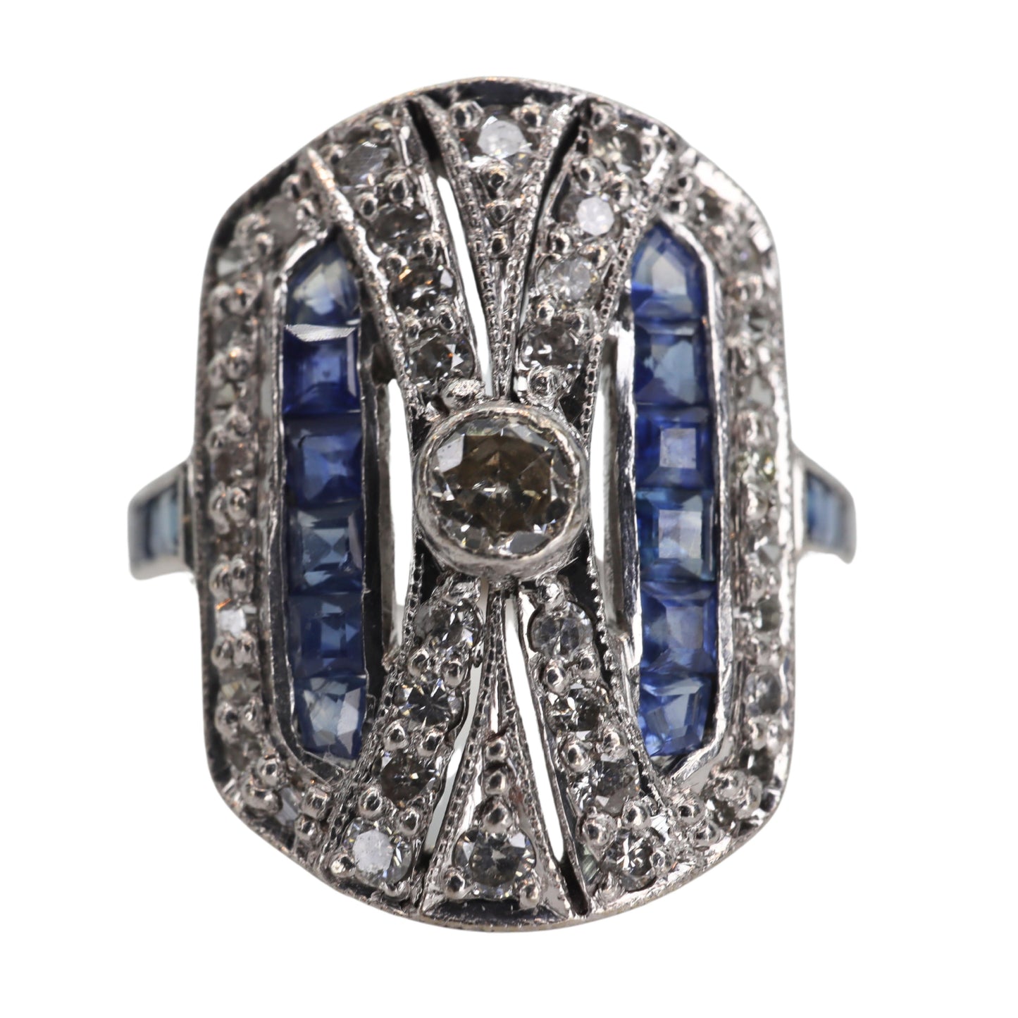Art Deco Inspired English Sapphire Diamond 18k White Gold Plaque Ring
