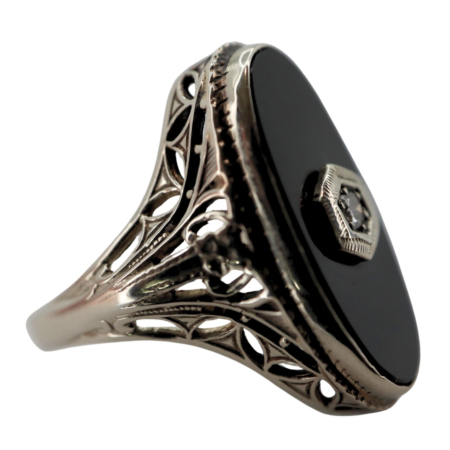 Art Deco Diamond Onyx 14k White Gold Ring