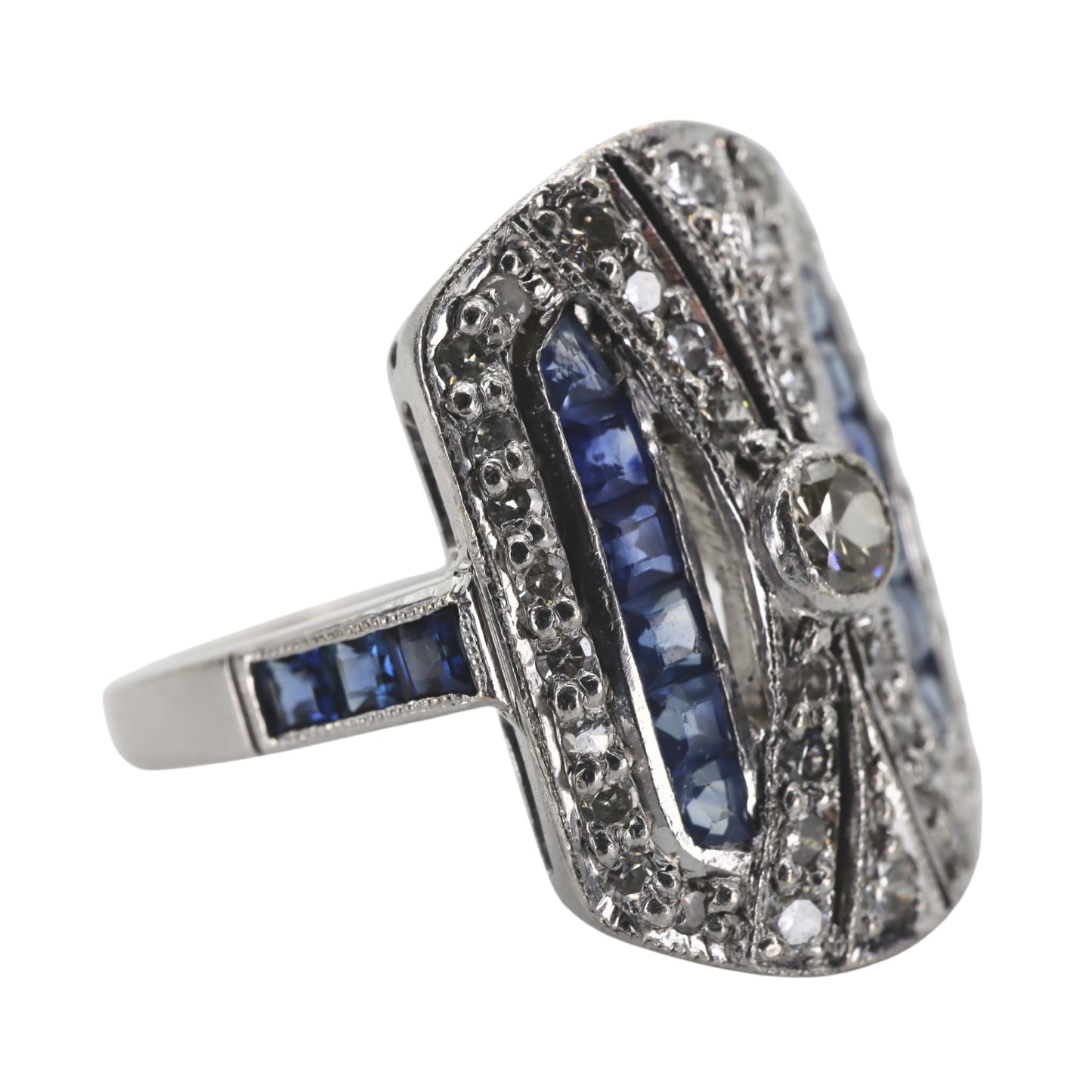 Art Deco Inspired English Sapphire Diamond 18k White Gold Plaque Ring