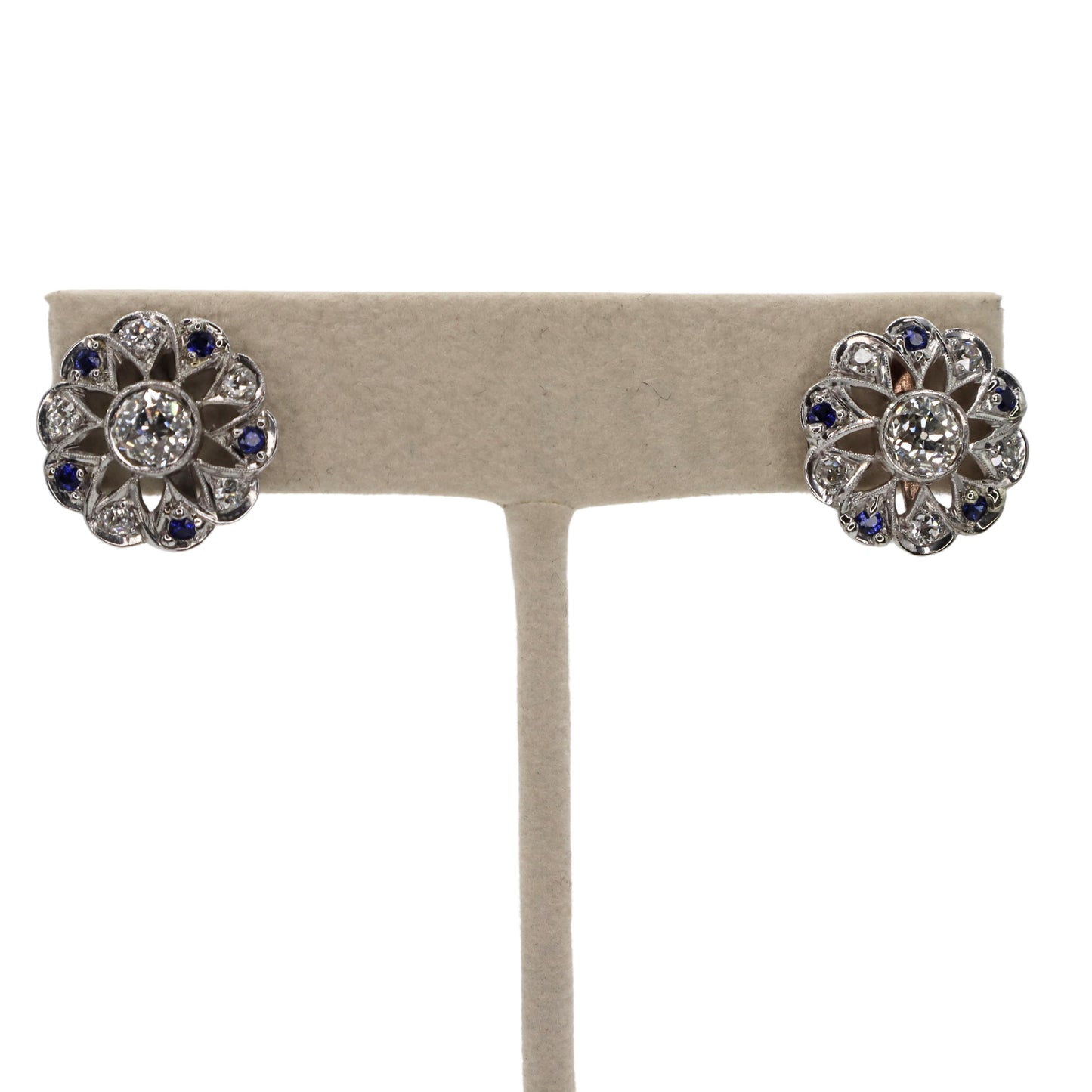 Art Deco Diamond Sapphire Platinum Stud Earrings