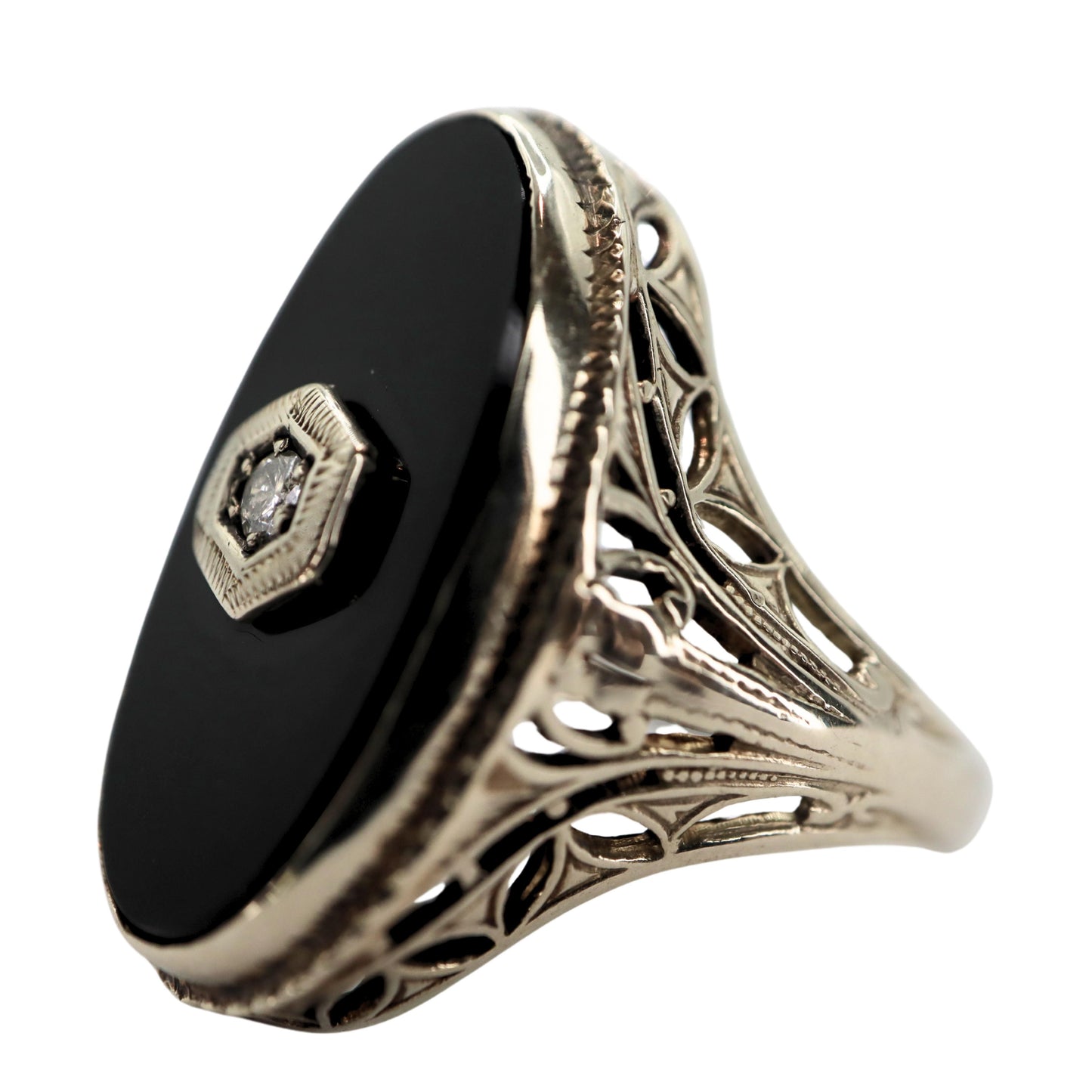 Art Deco Diamond Onyx 14k White Gold Ring
