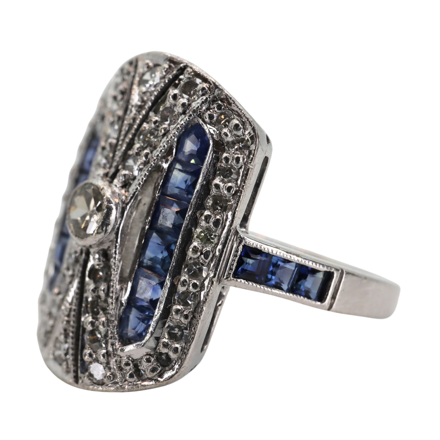 Art Deco Inspired English Sapphire Diamond 18k White Gold Plaque Ring