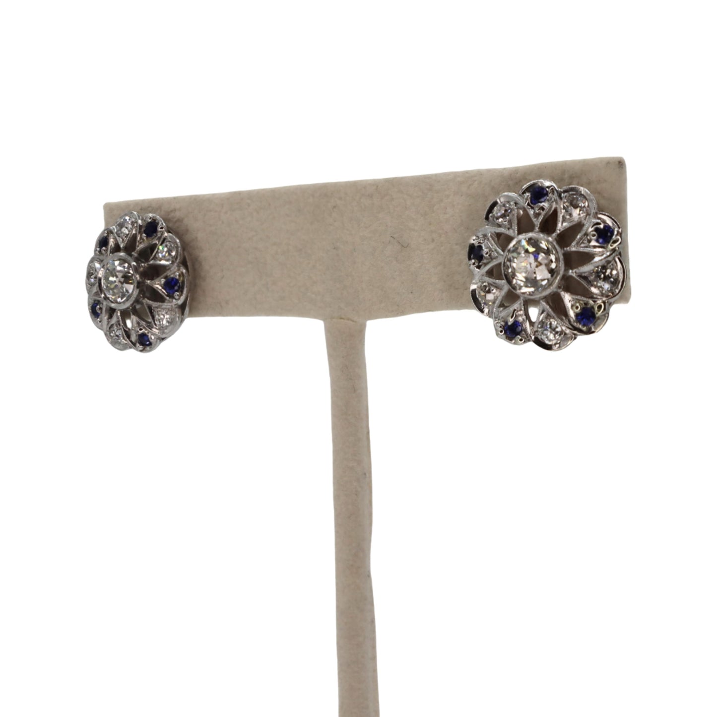 Art Deco Diamond Sapphire Platinum Stud Earrings