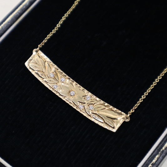 Vintage Diamond 14k Yellow Gold Floral Plate Necklace