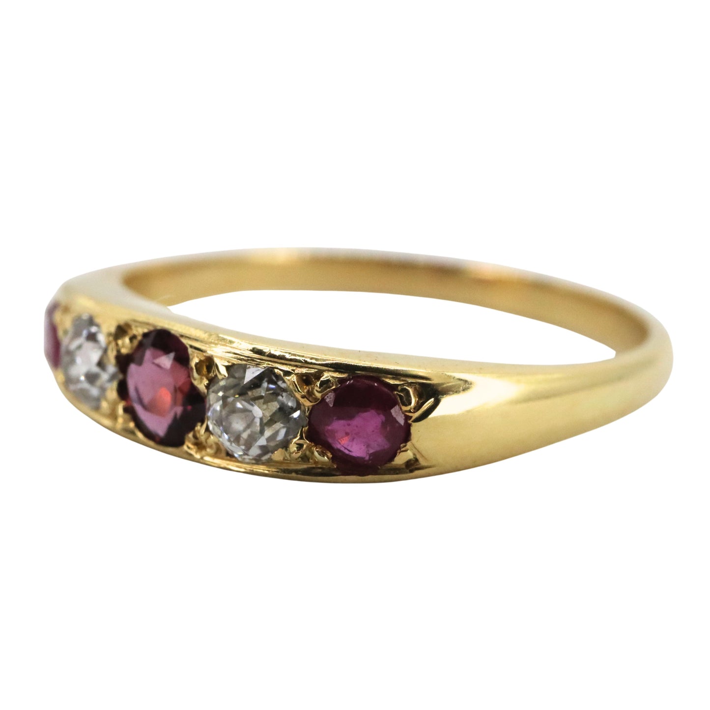 Antique Ruby Diamond 18k Yellow Gold Five Stone Band Ring