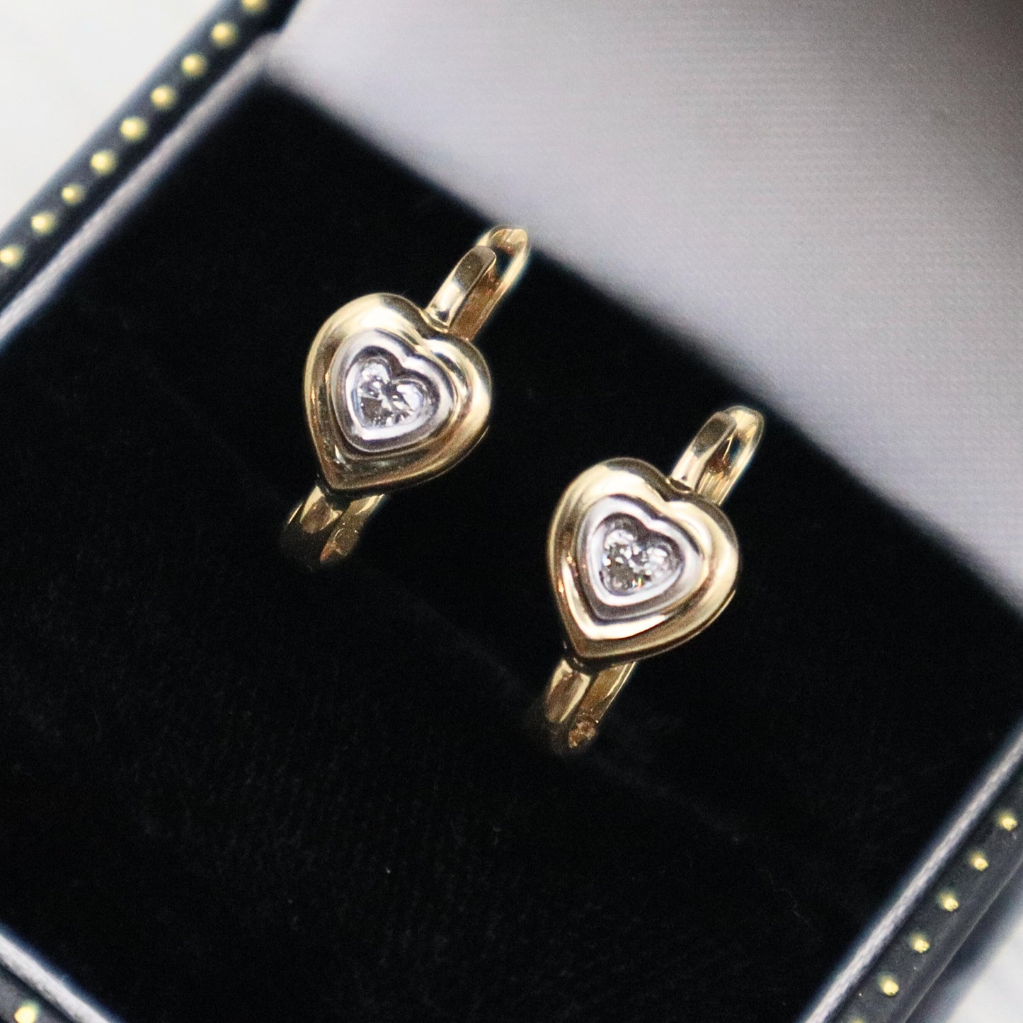 Vintage Diamond Two Tone Gold Heart Earrings