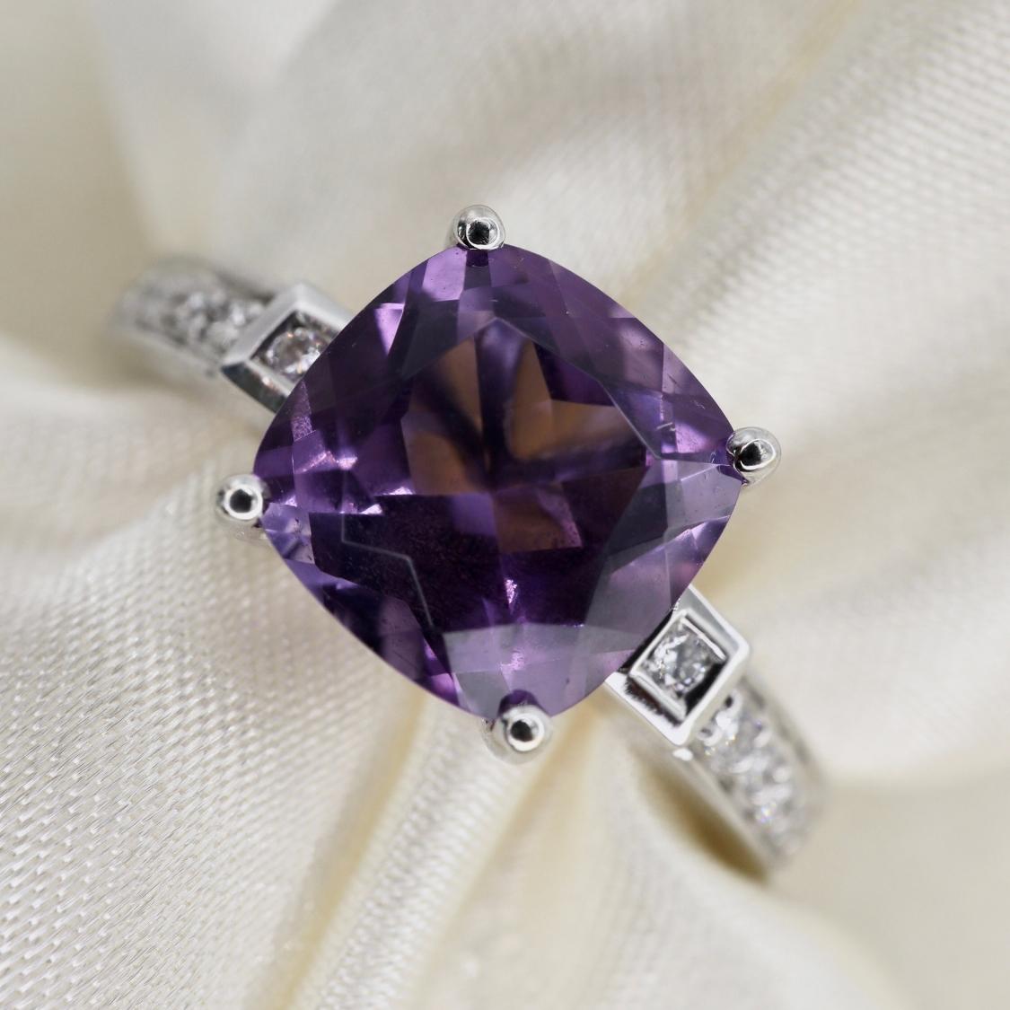Contemporary Amethyst Diamond 14k White Gold Ring