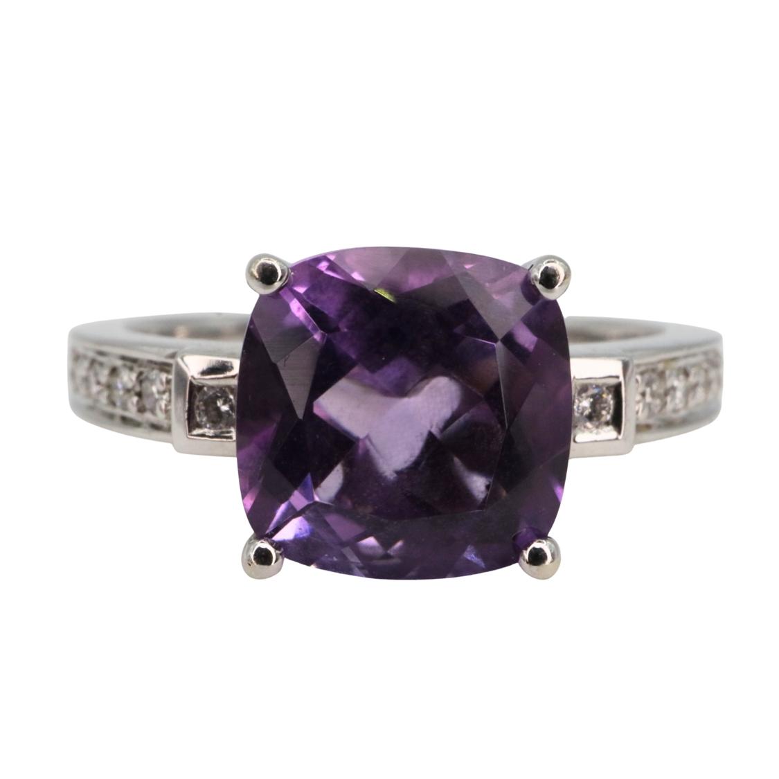 Contemporary Amethyst Diamond 14k White Gold Ring