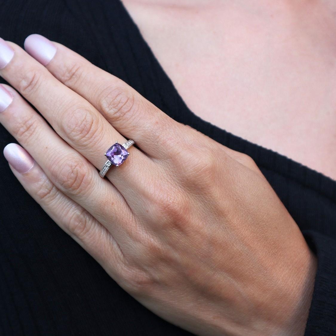 Contemporary Amethyst Diamond 14k White Gold Ring