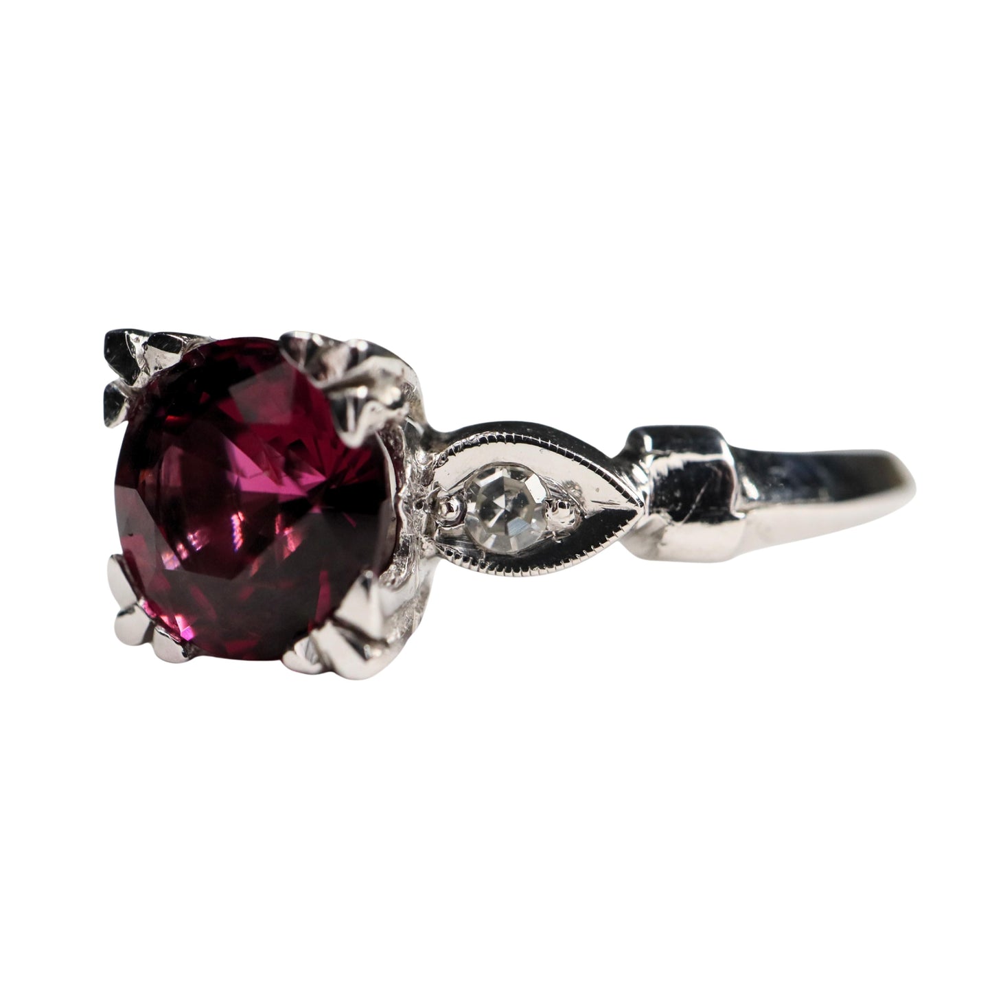 Mid Century Rhodolite Garnet Diamond 14k White Gold Ring
