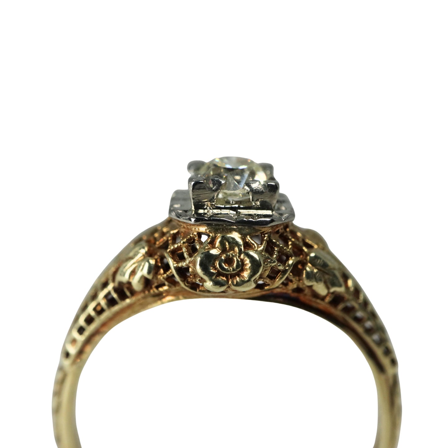 Art Deco Diamond 14k Yellow Gold Filigree Ring