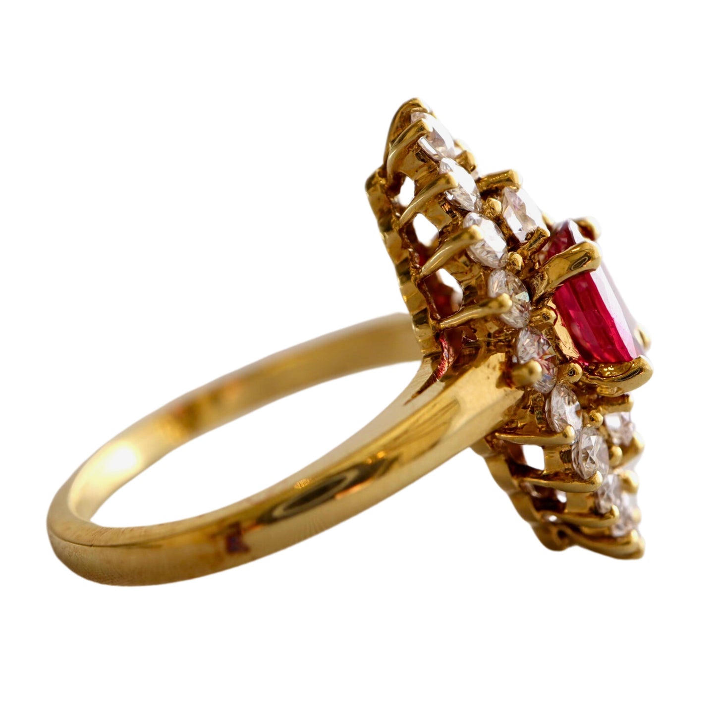 Vintage GIA 0.65 No Heat Thai Ruby Diamond 18k Yellow Gold Navette Ring