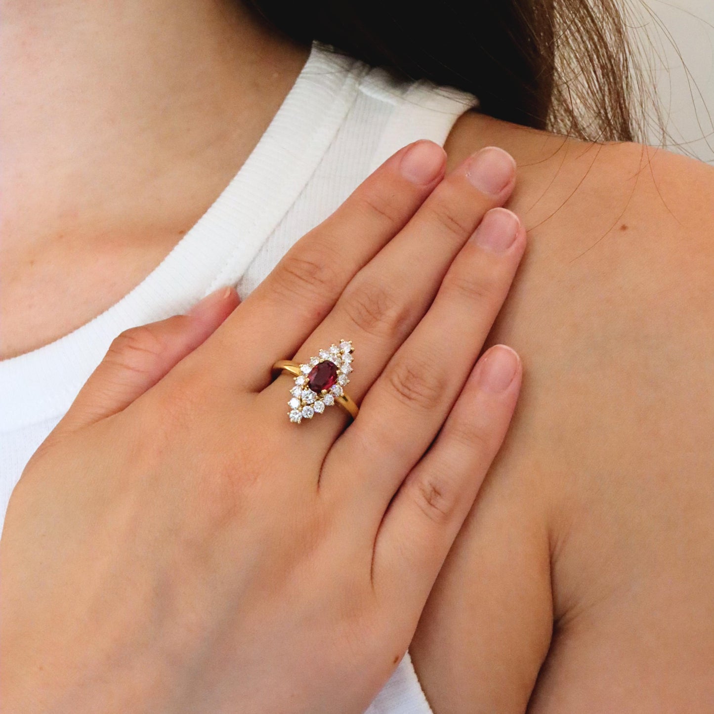 Vintage GIA 0.65 No Heat Thai Ruby Diamond 18k Yellow Gold Navette Ring