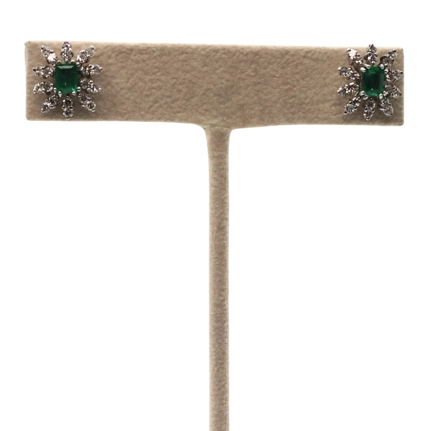Mid-Century Emerald Diamond 18k White Gold Stud Earrings
