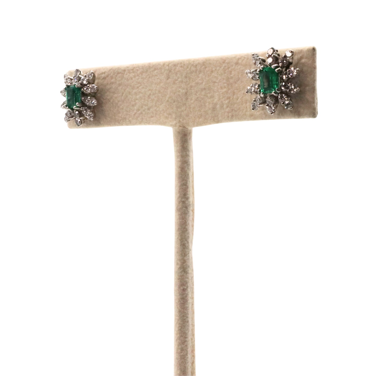 Mid-Century Emerald Diamond 18k White Gold Stud Earrings