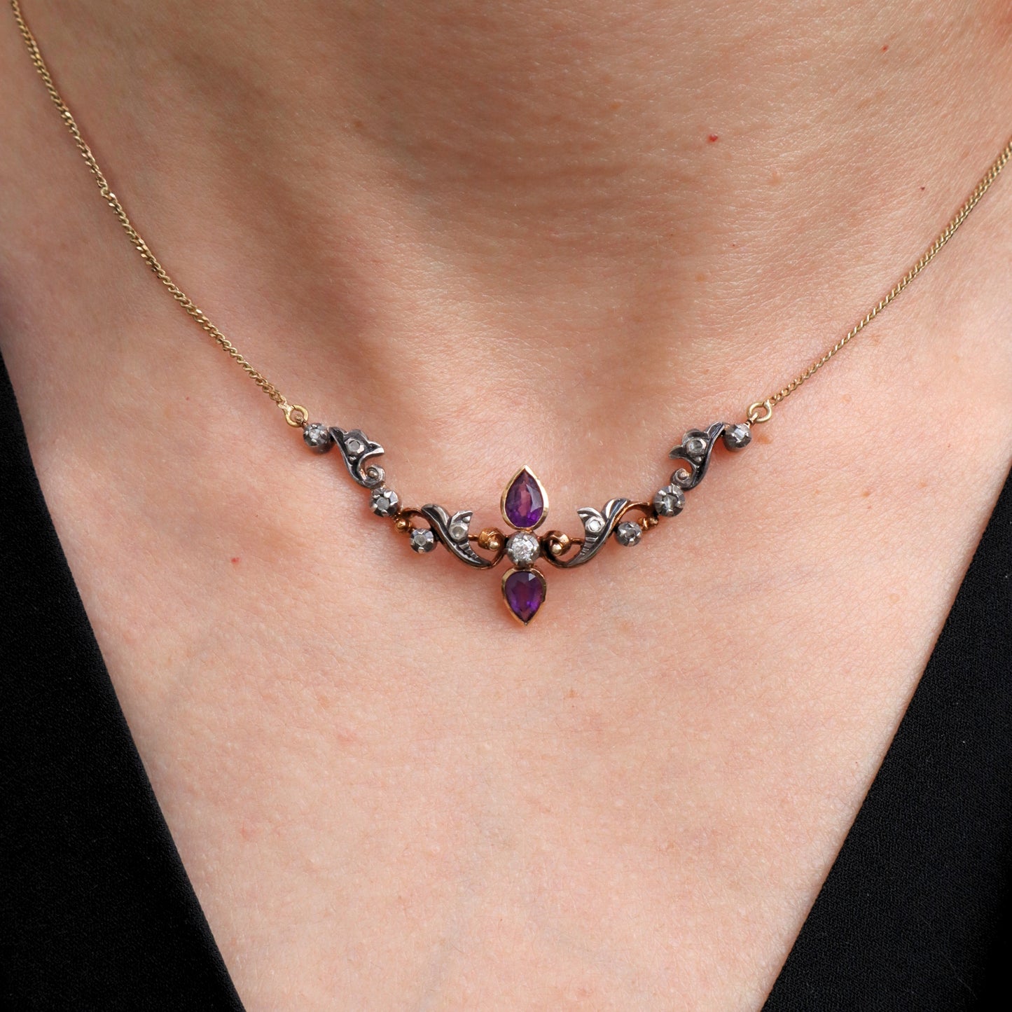 Antique Amethyst Diamond 14k Yellow Gold Silver Necklace