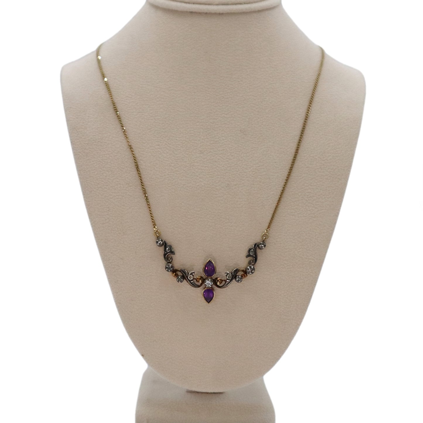 Antique Amethyst Diamond 14k Yellow Gold Silver Necklace