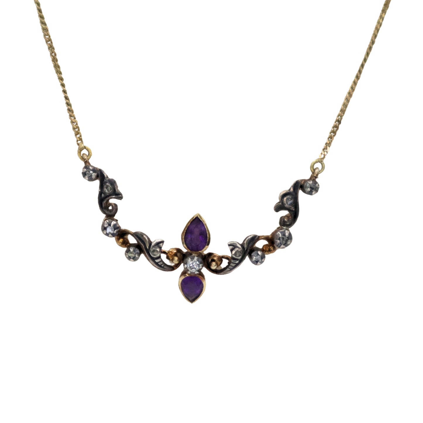 Antique Amethyst Diamond 14k Yellow Gold Silver Necklace