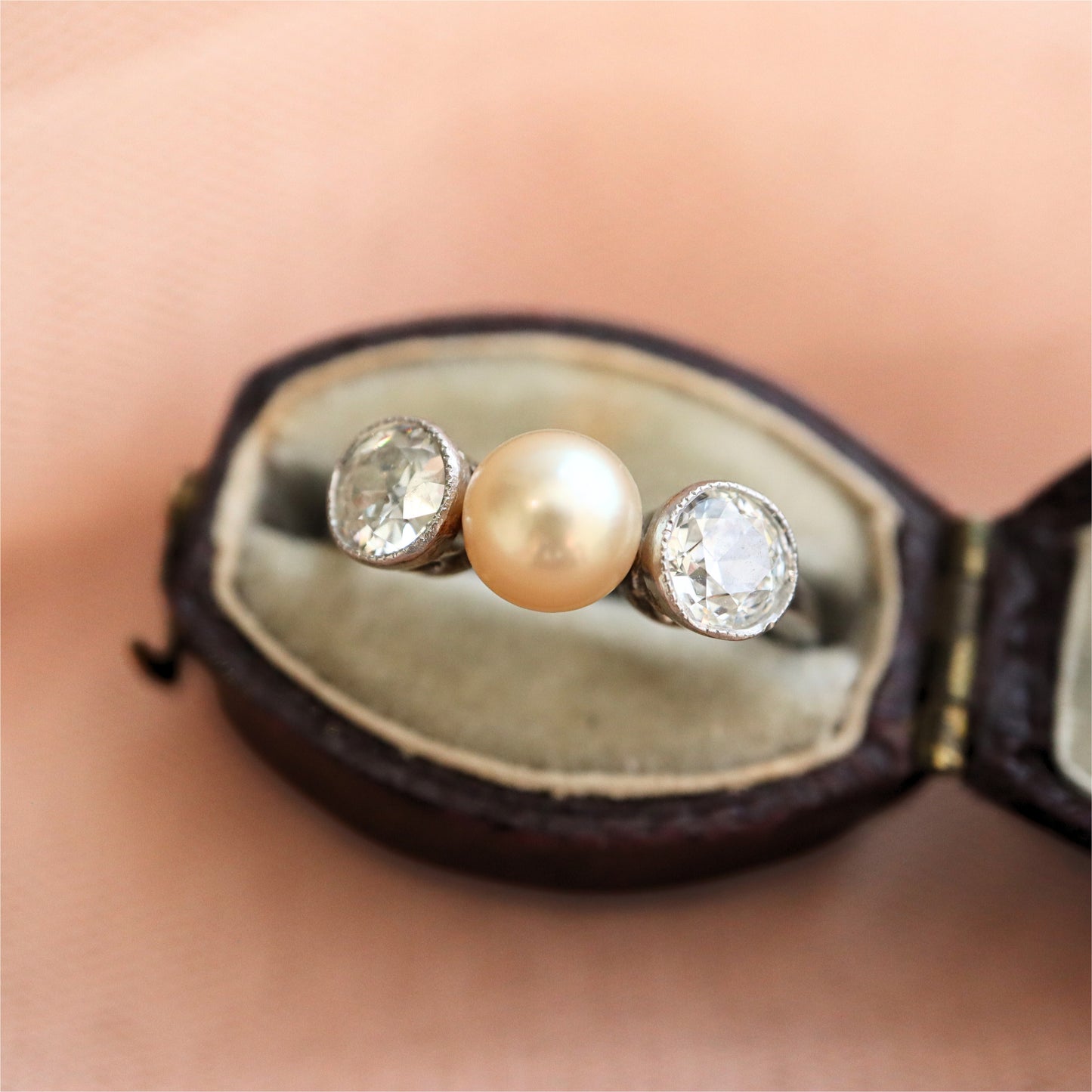 Edwardian Pearl Diamond Platinum Three Stone Ring