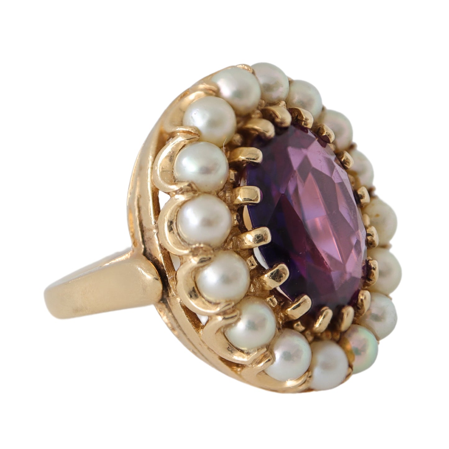 Mid-Century Victorian Revival Amethyst Pearl 14k Cluster Ring