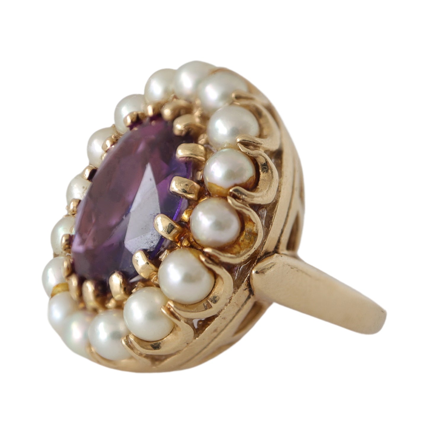 Mid-Century Victorian Revival Amethyst Pearl 14k Cluster Ring