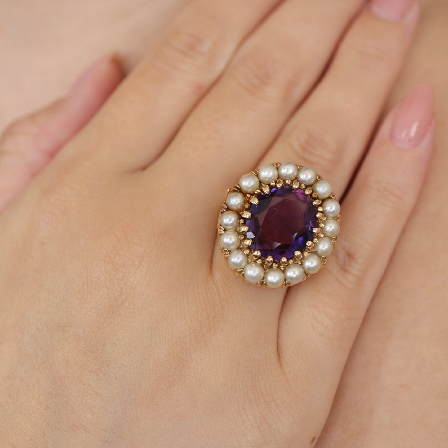 Mid-Century Victorian Revival Amethyst Pearl 14k Cluster Ring