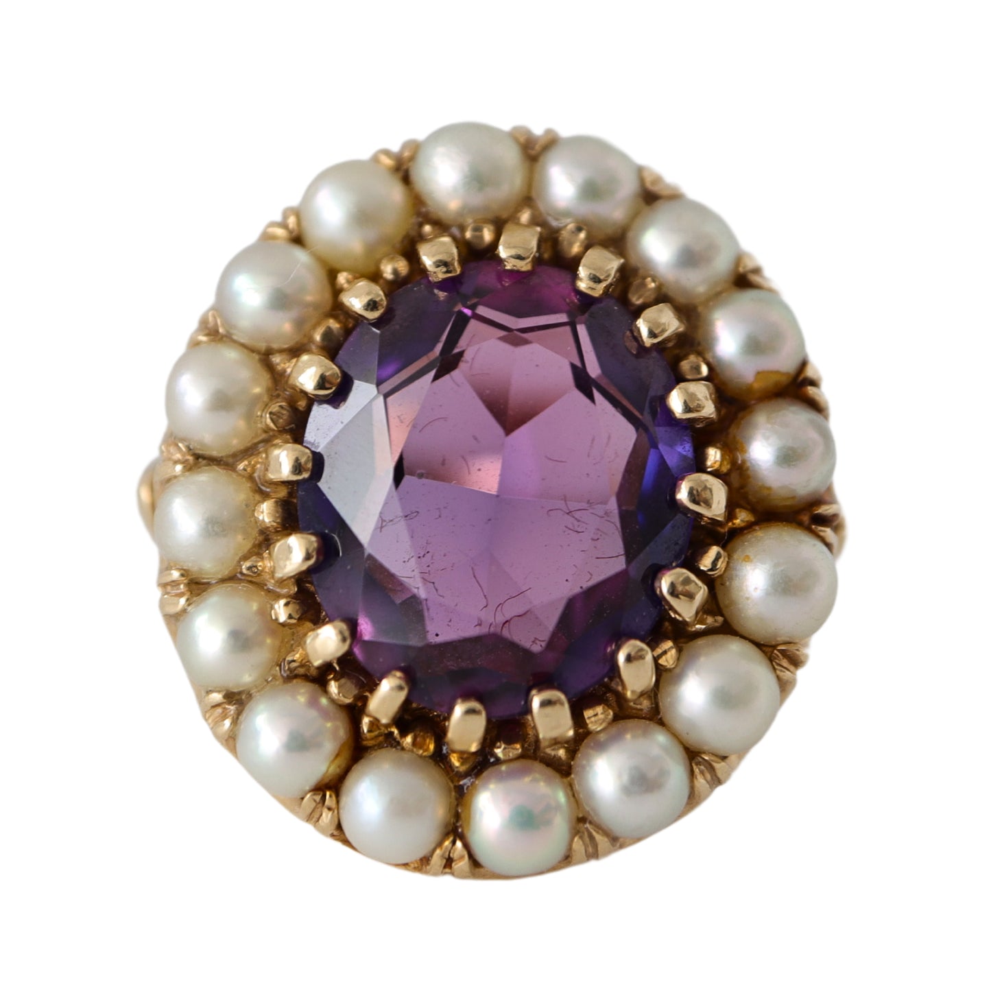 Mid-Century Victorian Revival Amethyst Pearl 14k Cluster Ring