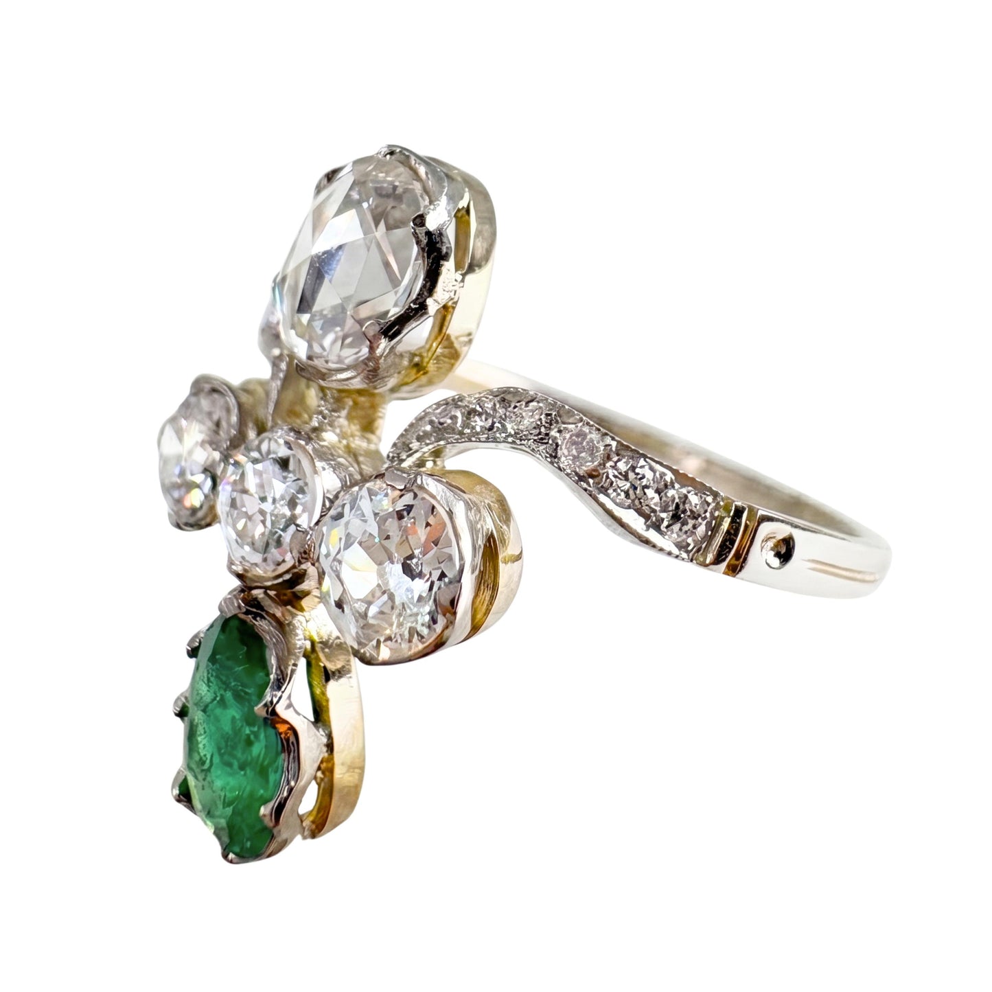 Edwardian Diamond Emerald 14k Platinum Ring
