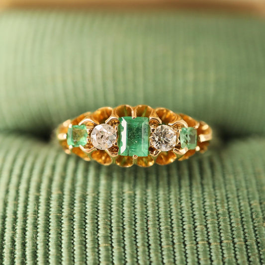 Edwardian Emerald Diamond 18k Yellow Gold Five Stone Band Ring