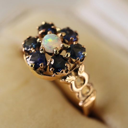 Vintage Opal Sapphire 10k Rose Gold Cluster Ring