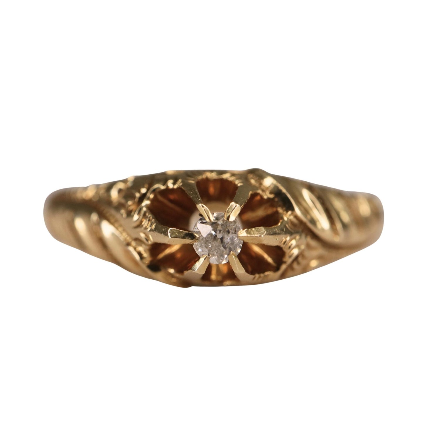 Antique Diamond 14k Yellow Gold Engraved Belcher Ring