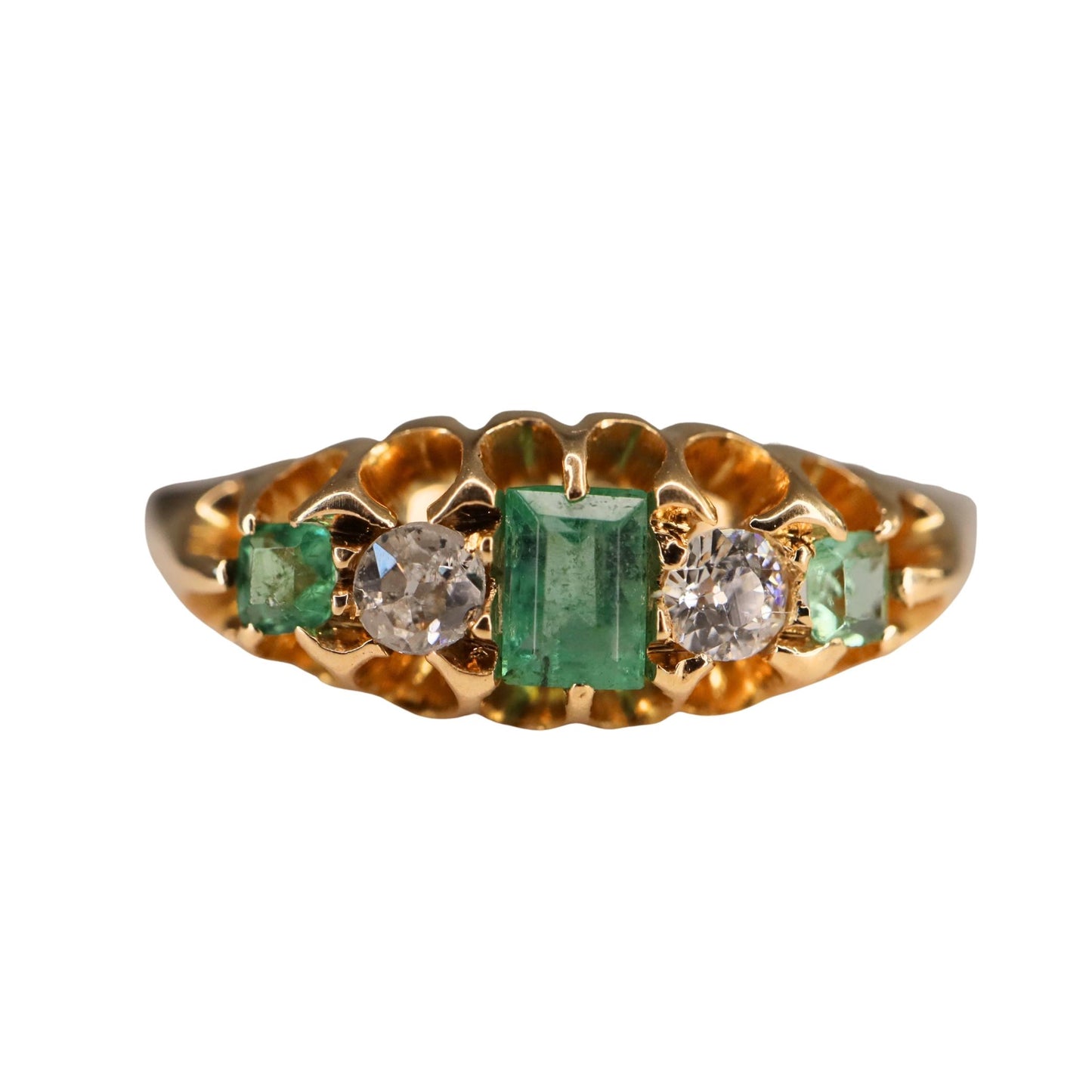 Edwardian Emerald Diamond 18k Yellow Gold Five Stone Band Ring