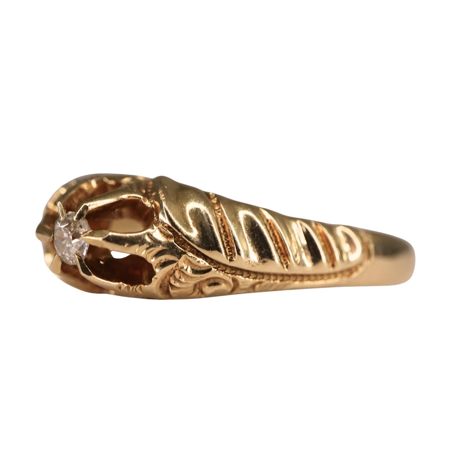 Antique Diamond 14k Yellow Gold Engraved Belcher Ring