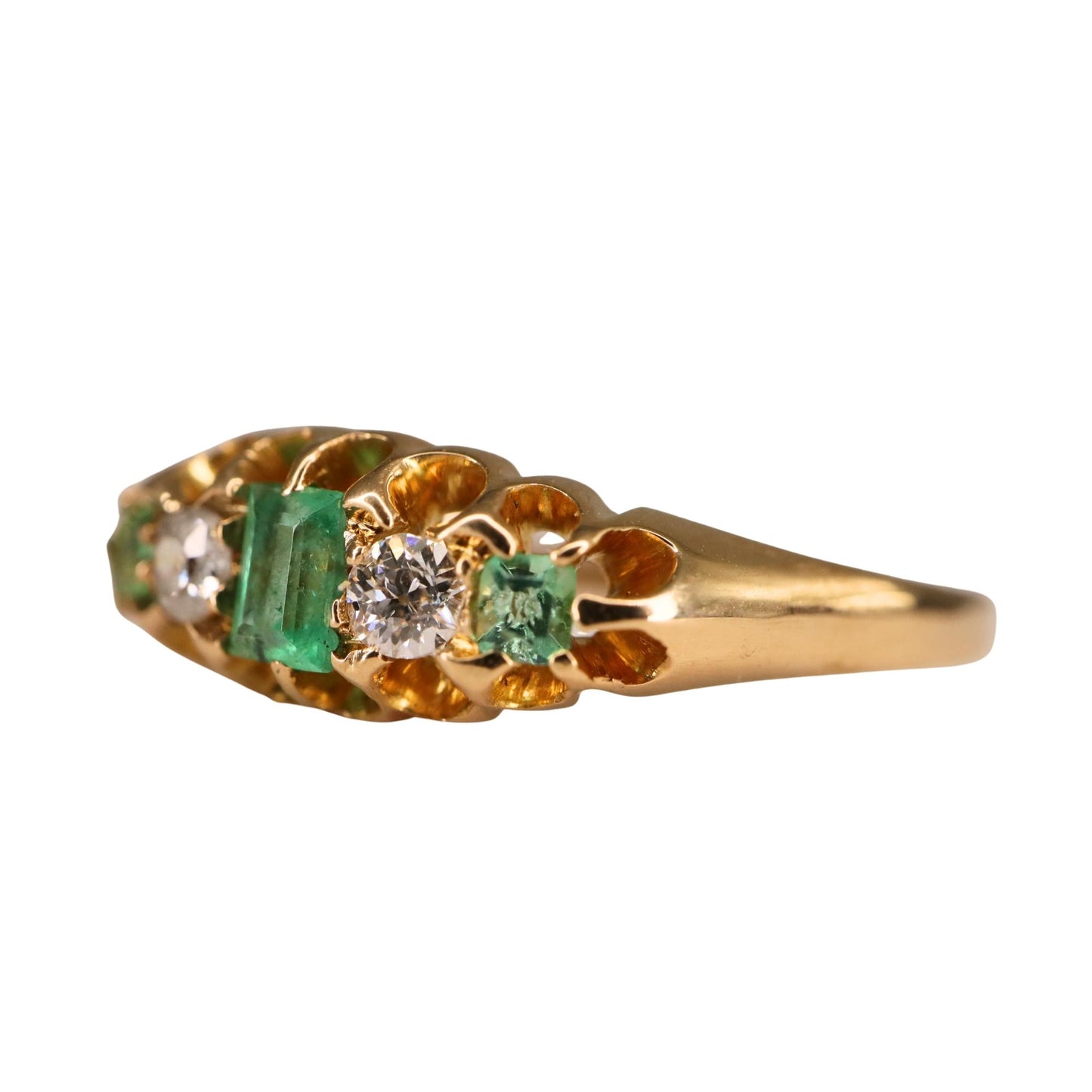 Edwardian Emerald Diamond 18k Yellow Gold Five Stone Band Ring