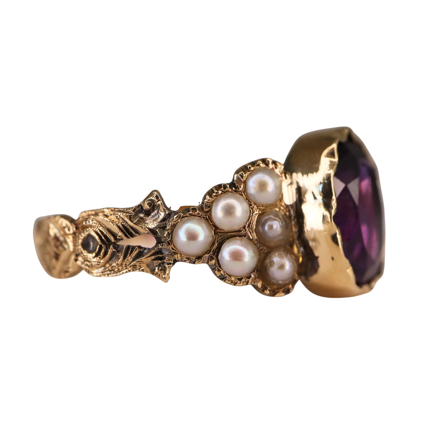Victorian Amethyst Seed Pearl 14k Antique Gold Ring