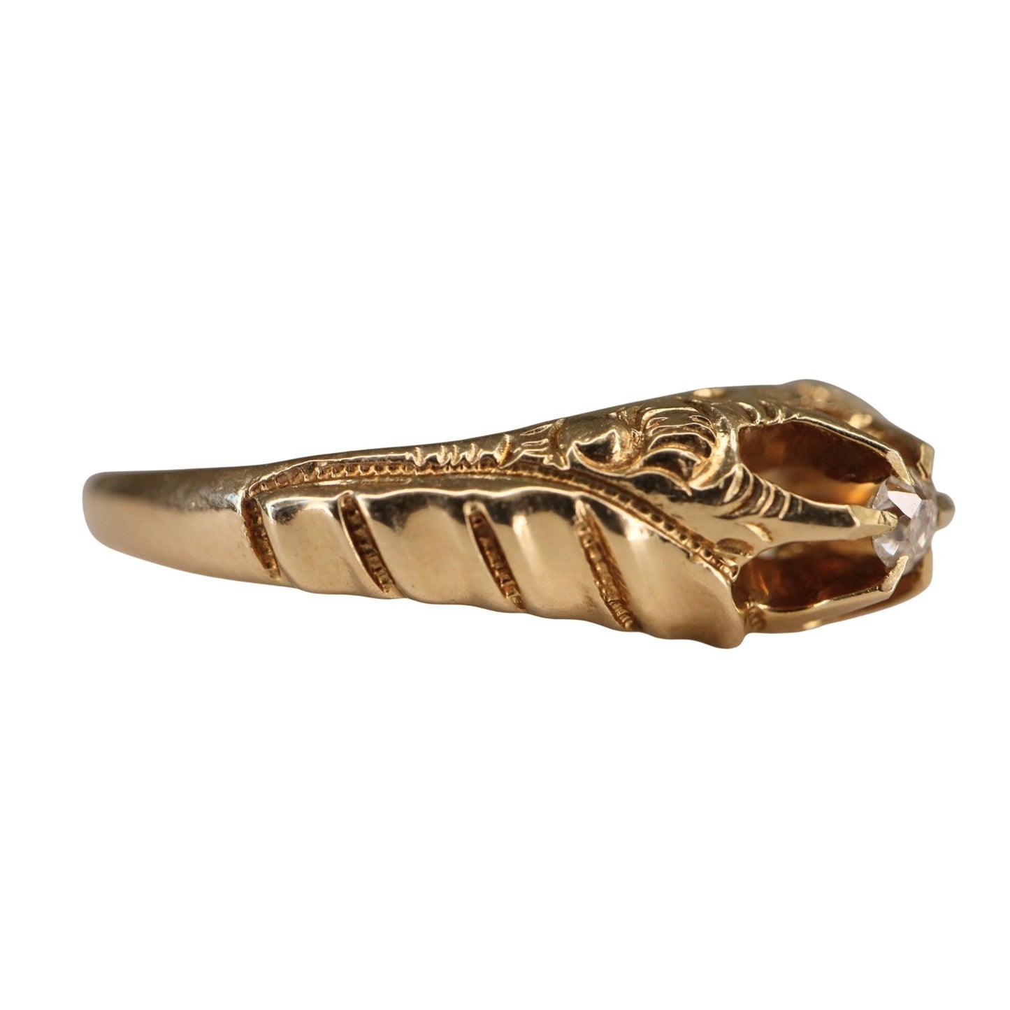 Antique Diamond 14k Yellow Gold Engraved Belcher Ring