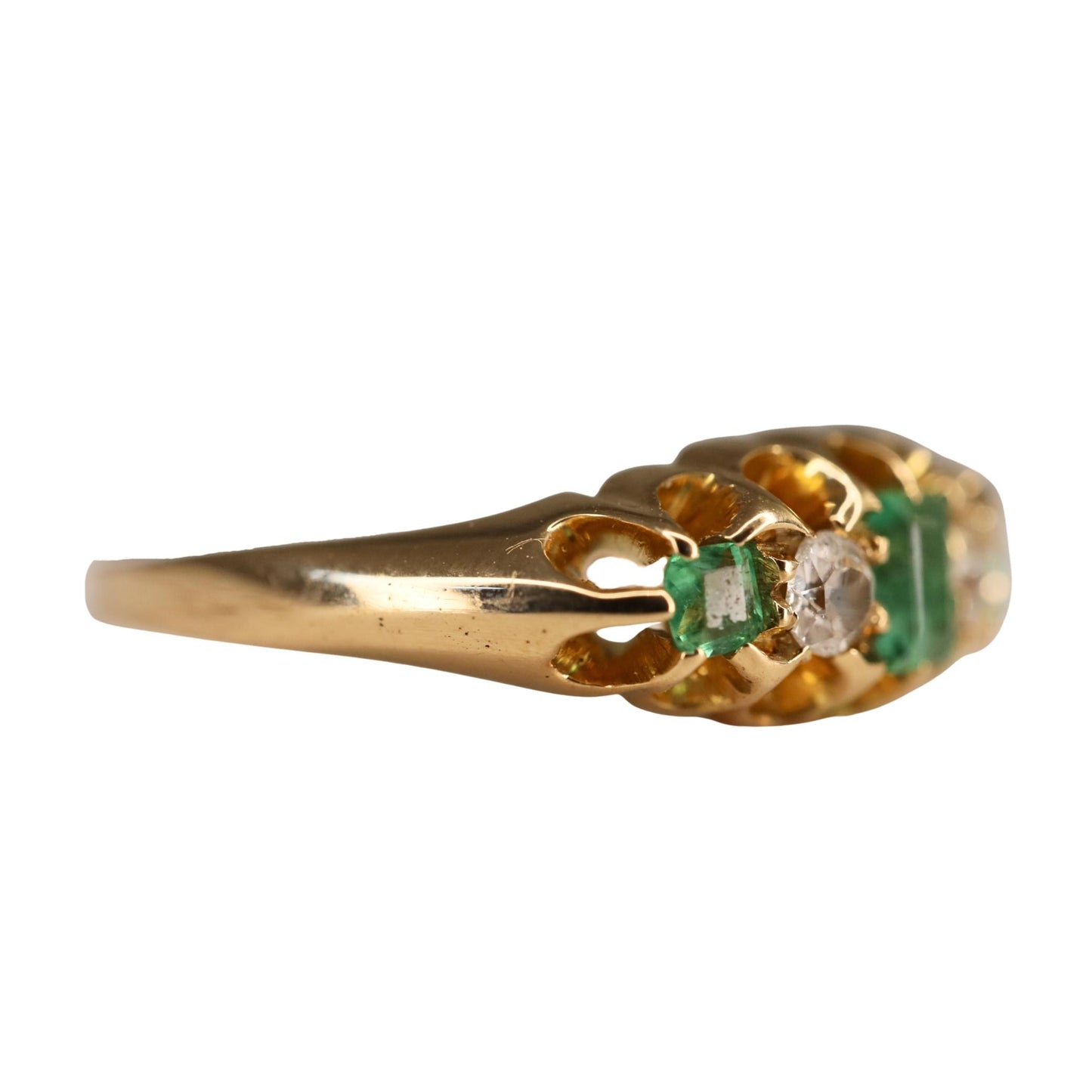 Edwardian Emerald Diamond 18k Yellow Gold Five Stone Band Ring