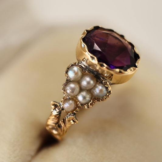Victorian Amethyst Seed Pearl 14k Antique Gold Ring